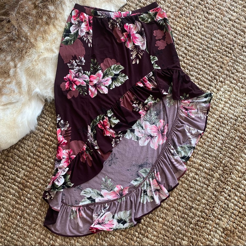 EXPRESS Asymmetric Tropical Hibiscus Ruffle Skirt